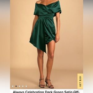 Lulu’s Always Celebrating Dark Green Satin Off-the-Shoulder Mini Dress